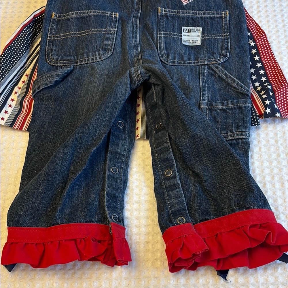BABY GAP Red White Blue Denim Overalls Patriotic Stars Stripes Bib Skirt Ruffles - Picture 5 of 16